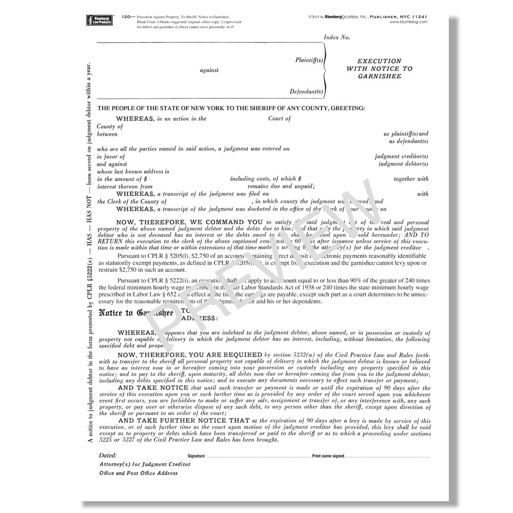 Blumberg New York Enforcement Of Judgment Forms For Property Executions