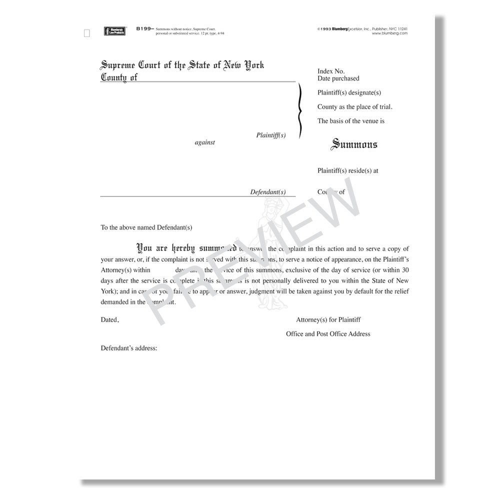 New York Summons and Summons And Complaint Forms By Blumberg