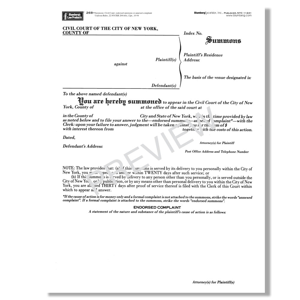 Blumberg New York Summons and Summons And Complaint Forms for civil court