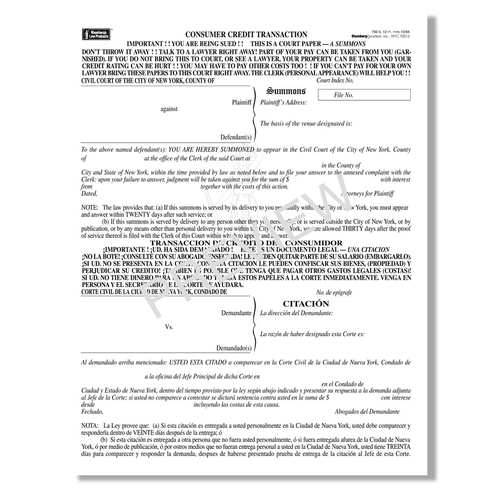 Blumberg New York Summons and Summons And Complaint Forms for civil court